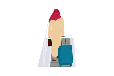 Arab man in airport. Passenger walks with baggage. Back view of Arabia