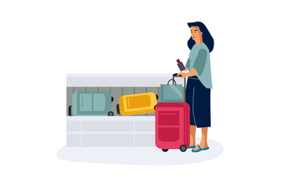 Baggage claim. Woman with luggage in airport. Aircraft passenger takes