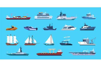 Boats. Cartoon nautical ships. Passenger or cargo vessels and warships