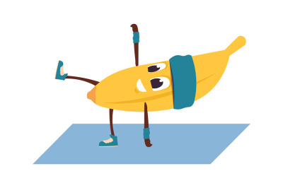 Cartoon banana doing yoga. Fruit character sport training on gymnastic