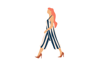 Woman walking. Cartoon young female character in striped jumpsuit and