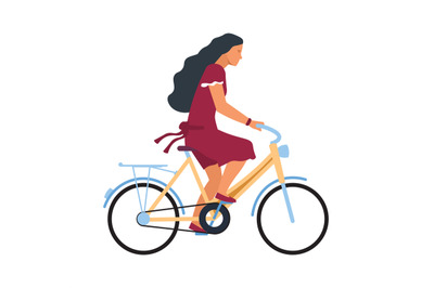 Woman on bike. Cartoon female character riding on bicycle. Profile vie