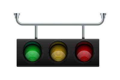 Traffic light. Realistic city stoplight. 3D hanging electric equipment