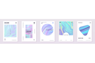 Holographic foil posters. Realistic minimal iridescent invitation bann