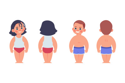 Cartoon kids in underwear. Children from front or back sides. Isolated