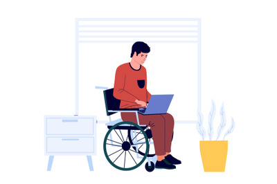 Disabled man work at home. Male sits in wheelchair with laptop. Access