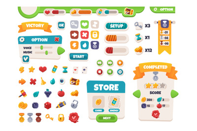 Game UI buttons. Mobile application interface elements. Cartoon colorf