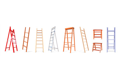 Ladder construction. Realistic wooden and metal staircase equipment, 3