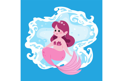 Cute fairy mermaid. Little girl with pink fish tail. Cartoon marine pr