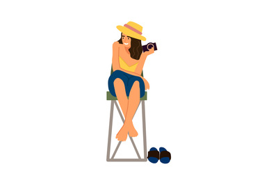 Woman photographer. Cartoon female holding camera. Young character sit