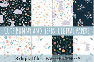 Cute Bunny Seamless Patterns. Bunny and herbs digital paper