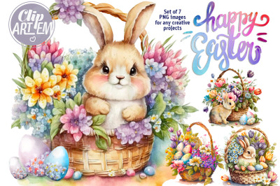 Happy Bunny Easter Eggs 7 PNG Clip Art Set Watercolor Digital Print