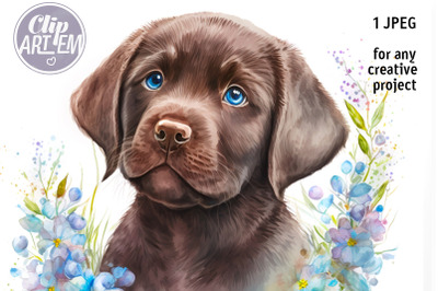 Boy Brown Labrador Blue Eyes Flowers JPEG  Watercolor Image Wall Art