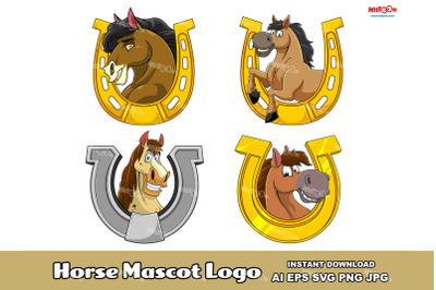 Horse Cartoon Mascot Characters In A Horseshoe