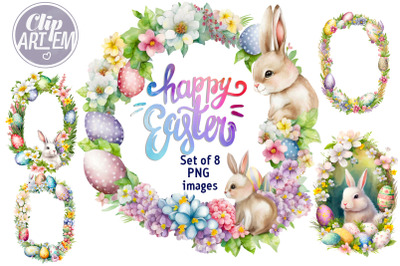 Easter Frames Bunnies Eggs Flowers 8PNG Watercolor Images Clip Art Set