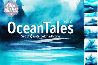 Ocean Tales Vol.2 Watercolor Blue Sea 6 JPEG Images Backgrounds Set
