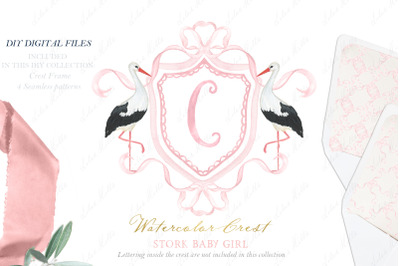 Stork Newborn Girl Family  Watercolor Crest DIY Dusty Pink Bow Digital