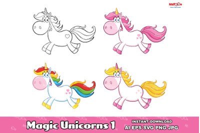 Magic Unicorn Cartoon Mascot Character 1. Vector Collection