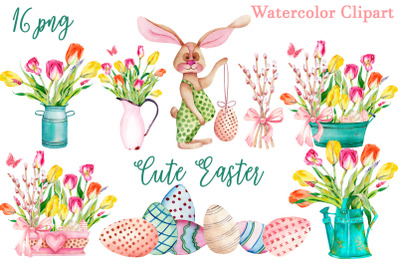 Cute Easter Watercolor Clipart, bunny, eggs, tulips