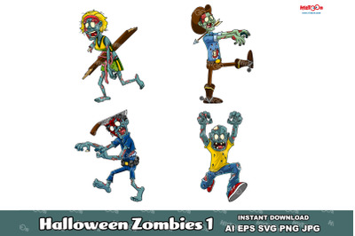 Halloween Zombie Cartoon Mascot Characters 1. Vector Collection