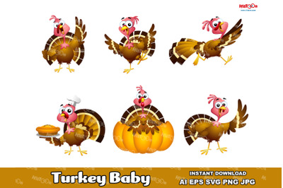 Turkey Baby Cartoon Character Flat Design. Vector Collection