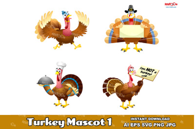 Turkey Cartoon Mascot Character Flat Design 1. Vector Collection