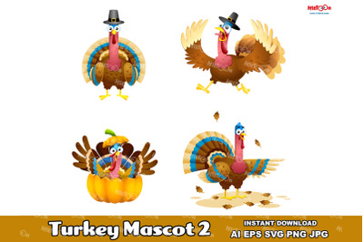 Turkey Cartoon Mascot Character Flat Design 2. Vector Collection