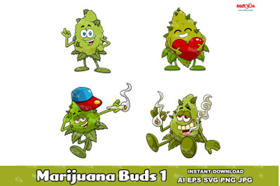 Marijuana Buds Cartoon Mascot Characters 1. Vector Collection