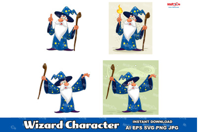 Old Wizard Mascot Cartoon Character. Vector Hand Drawn Collection