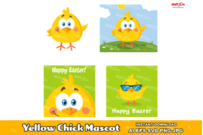 Yellow Chick Cartoon Mascot Character. Vector Hand Drawn Collection