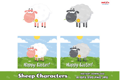 Sheep Cartoon Characters With A Flower. Vector Hand Drawn Collection