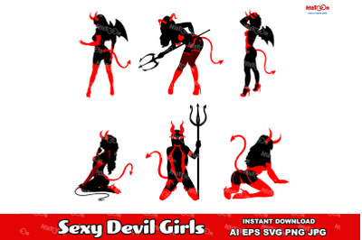 Sexy Devil Girls Silhouettes. Vector Hand Drawn Collection