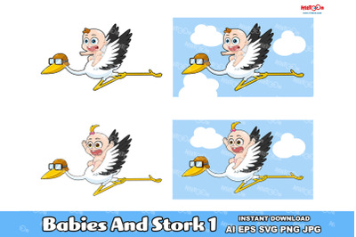 Cute Babies Flying On Top Of A Stork Cartoon Characters