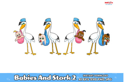 Stork Delivering A Babies Cartoon Characters. Vector Collection