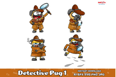 Detective Pug Dog Cartoon Mascot Character 1. Vector Collection