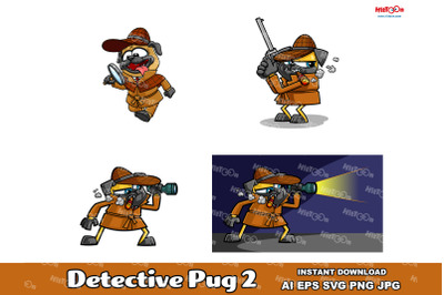 Detective Pug Dog Cartoon Mascot Character 2. Vector Collection