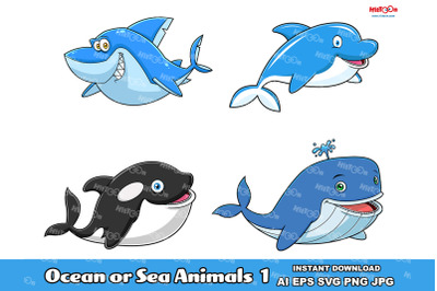 Ocean Or Sea Animals Cartoon Mascot Characters 1. Vector Collection