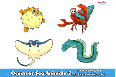 Ocean Or Sea Animals Cartoon Mascot Characters 2. Vector Collection