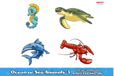 Ocean Or Sea Animals Cartoon Mascot Characters 3. Vector Collection