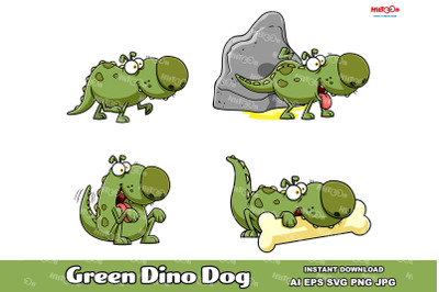 Green Dino Dog Cartoon Mascot Character. Vector Hand Drawn Collection