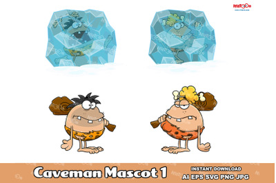 Caveman Cartoon Mascot Characters 1. Vector Hand Drawn Collection Set