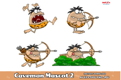 Caveman Cartoon Mascot Characters 2. Vector Hand Drawn Collection Set