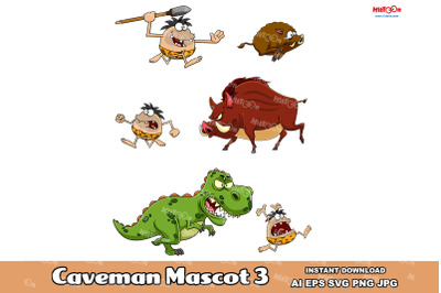 Caveman Cartoon Mascot Characters 3. Vector Hand Drawn Collection Set