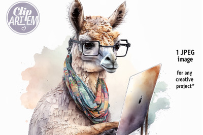 Lama Working on Computer Funny Wall Art Sublimation JPEG Digital Image