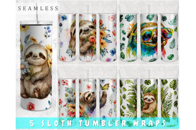 Watercolor Sloth Tumbler Wraps Bundle, 20 Oz Skinny Tumbler Sloth PNG