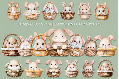 Bunnies in Baskets Png Clipart Set