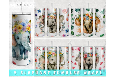 Watercolor Elephant Tumbler Wraps Bundle, 20 Oz Skinny Tumbler PNG