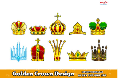 Golden Crown Graphic Designs. Vector Hand Drawn Collection Set