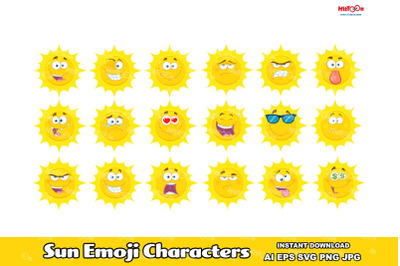 Sun Cartoon Emoji Face Characters. Vector Hand Drawn Collection Set