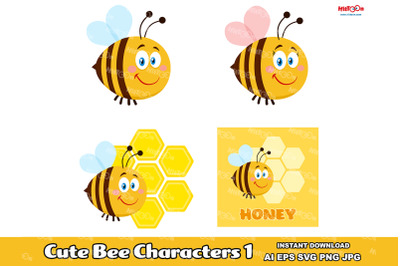 Cute Bee Cartoon Mascot Characters 1. Vector Hand Drawn Collection Set